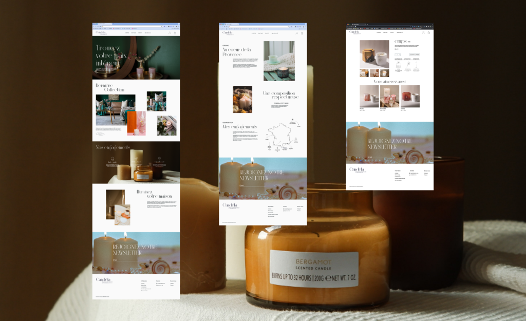 page accueil, page a propos et page produit du site web