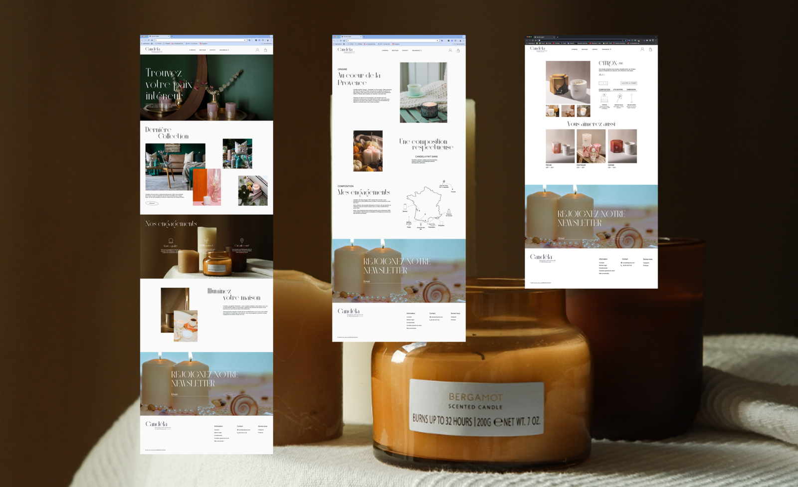 page accueil, page a propos et page produit du site web