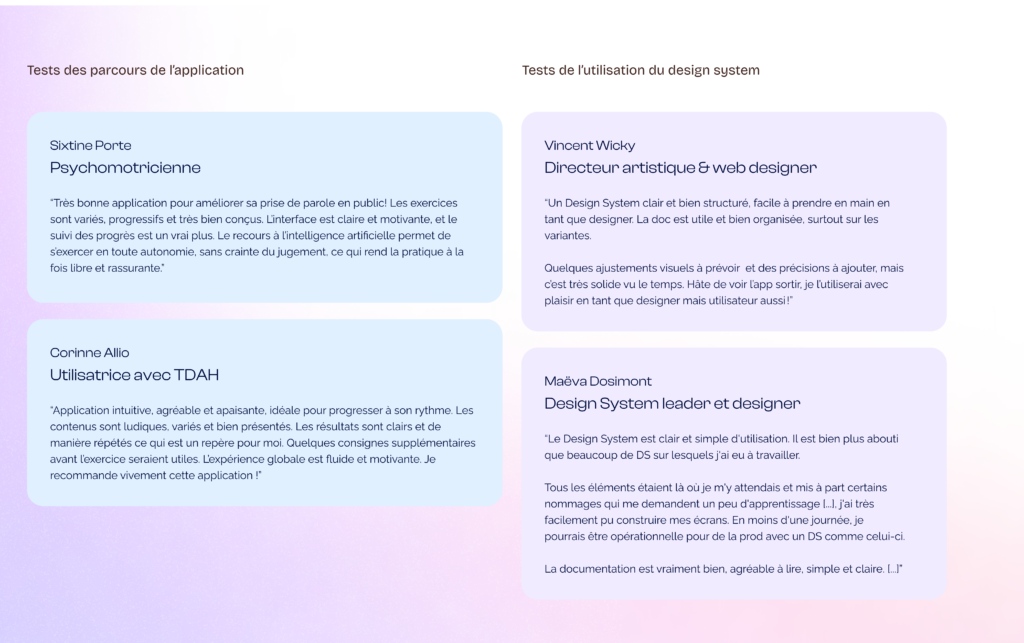 différents témoignages de test utilisateur du design system